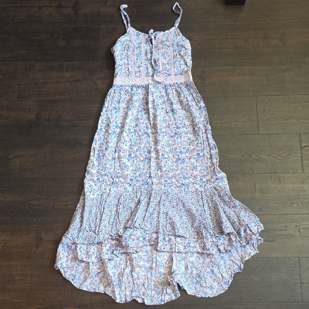 Japna High- Low Floral Ruffle Maxi Dress - Light Blue